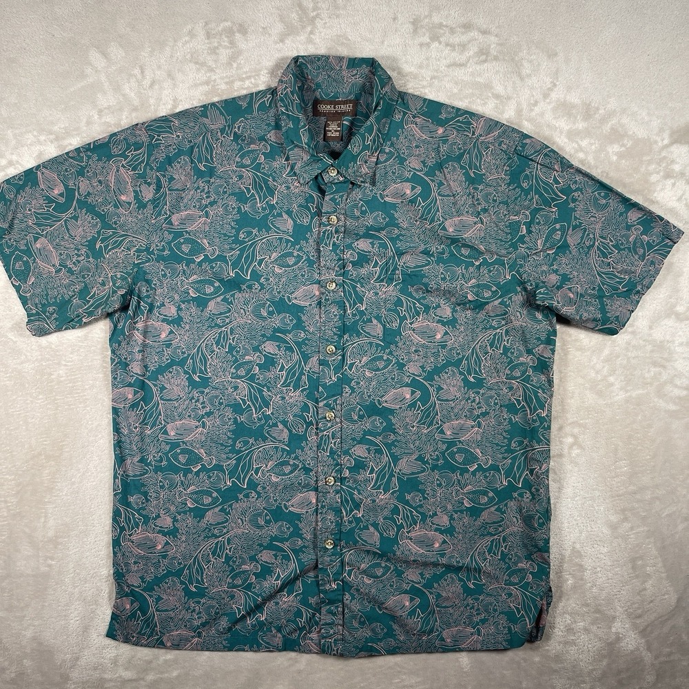 Cooke Street Hawaiian Button Shirt‎ Men's XL Teal Tropical Fish Made in Hawaii - Picture 2 of 8